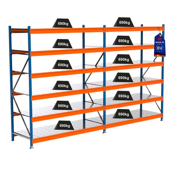 Lagerregal mit mehreren Ebenen und einer Traglast von 690 Kilogramm pro Ebene sowie einem Made in EU Siegel