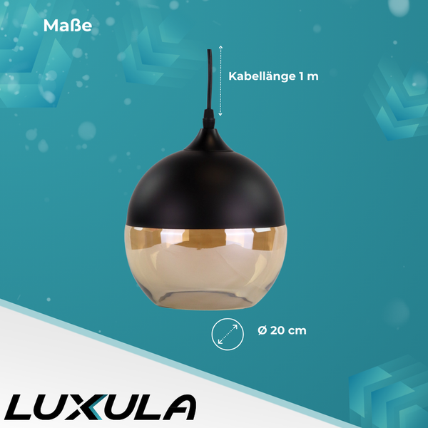 Schwarze Hängelampe mit einem Durchmesser von 20 cm und einer Kabellänge von 1 m.