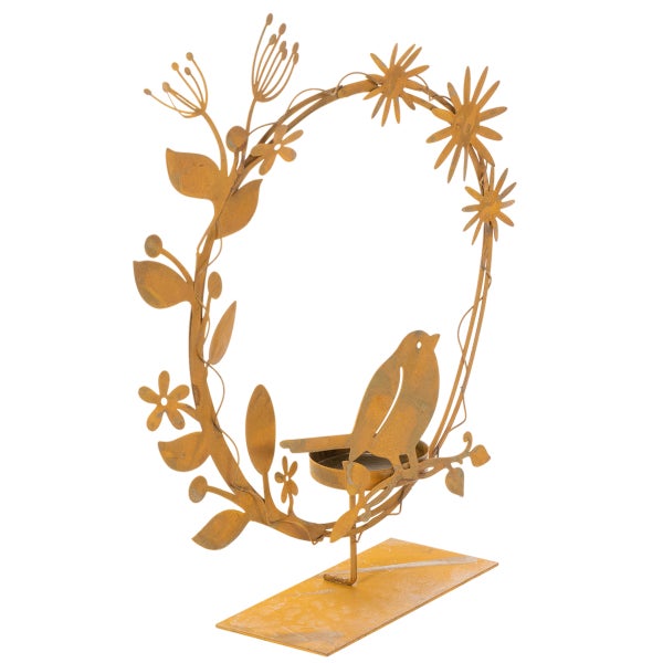 Teelichthalter Kranz mit Vogel aus Metall in Rostoptik, Dekoration für Garten und Balkon mit Blumen und Blättern