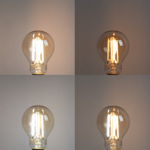 Dimmbares LED-Filament-Leuchtmittel aus Glas in vier verschiedenen Helligkeitsstufen dargestellt.