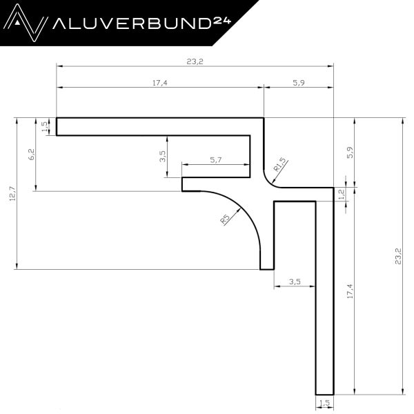 Technische Zeichnung eines Aluminiumprofils mit Maßangaben