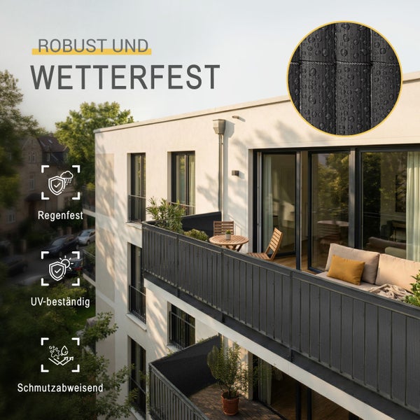 Robuster grauer Balkonsichtschutz am Geländer, regenfest, UV-beständig und schmutzabweisend auf einem hellen, modernen Balkon.