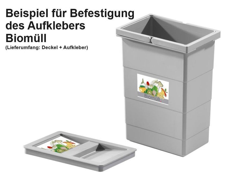 Beispiel für die Anbringung von Biomüll-Aufklebern auf Deckel und Eimer. Gezeigt an einem grauen Abfalleimer.
