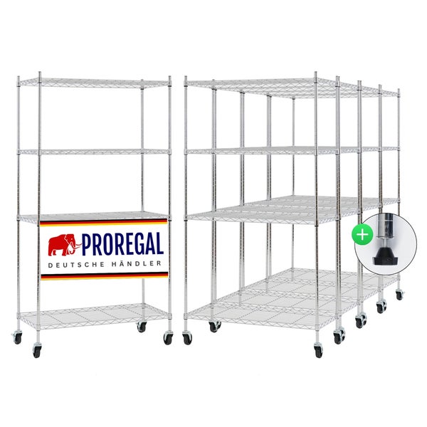 Proregal Drahtregal Set aus verchromtem Metall mit vier Fachböden, Rollen und höhenverstellbaren Füßen. Proregal Logo.