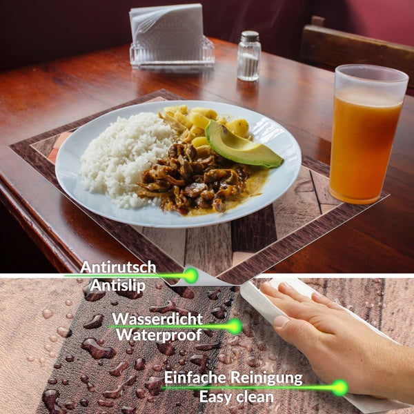 Platzset mit Holzoptik auf einem Esstisch, wasserdicht, rutschfest und leicht zu reinigen durch Abwischen.