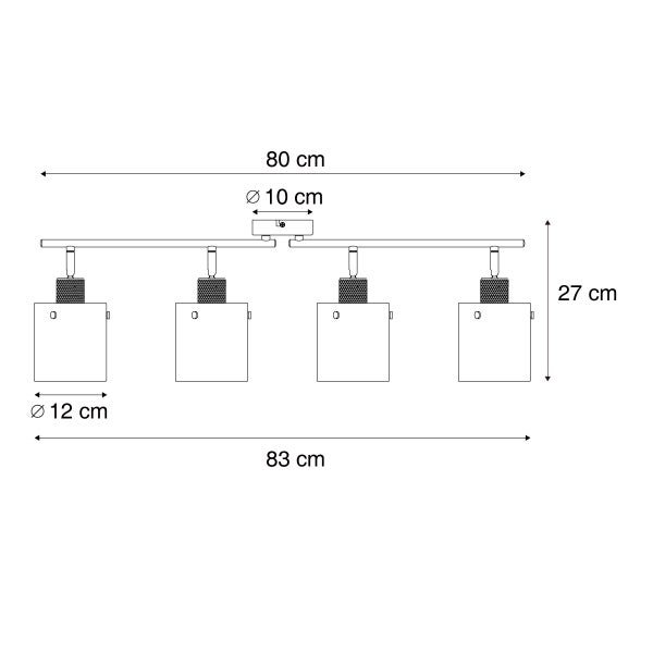 Technische Zeichnung einer Deckenleuchte mit vier Strahlern, Maße sind angegeben
