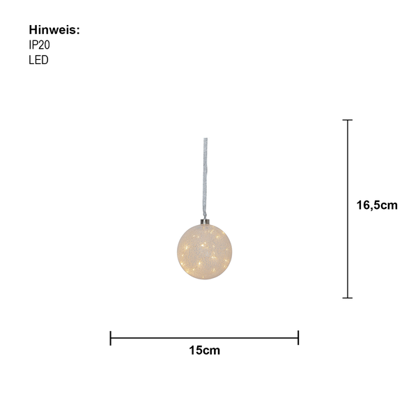 Dekorative LED Weihnachtskugel mit 15 Zentimeter Durchmesser und 16,5 Zentimeter Höhe