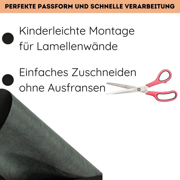 Infografik zur einfachen Montage von Lamellenwänden und zum Zuschneiden von Akustikfilz ohne Ausfransen mit einer Schere.