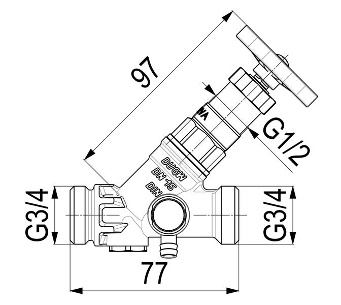 Technische Zeichnung eines Schrägsitzventils mit Maßangaben 77 Millimeter, 97 Millimeter, G 3/4 Zoll und G 1/2 Zoll sowie DIN und DVGW Kennzeichnung.