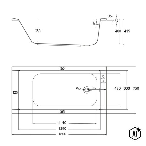 Technische Zeichnung einer Badewanne mit Maßangaben in Millimetern für die Planung und Installation.