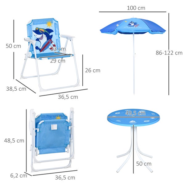 Outsunny 4tlg. Kindersitzgruppe, Gartentisch mit 2 Klappstühle, für 3-6 Jahre, Ø49,5 x 50H cm, Metall, Polyester, Blau