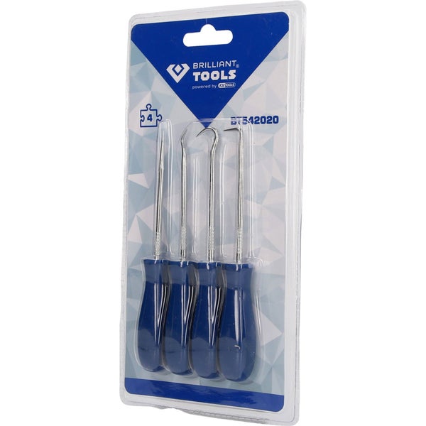 Vierteiliges Werkzeugset mit unterschiedlichen Hakenformen und blauen Griffen