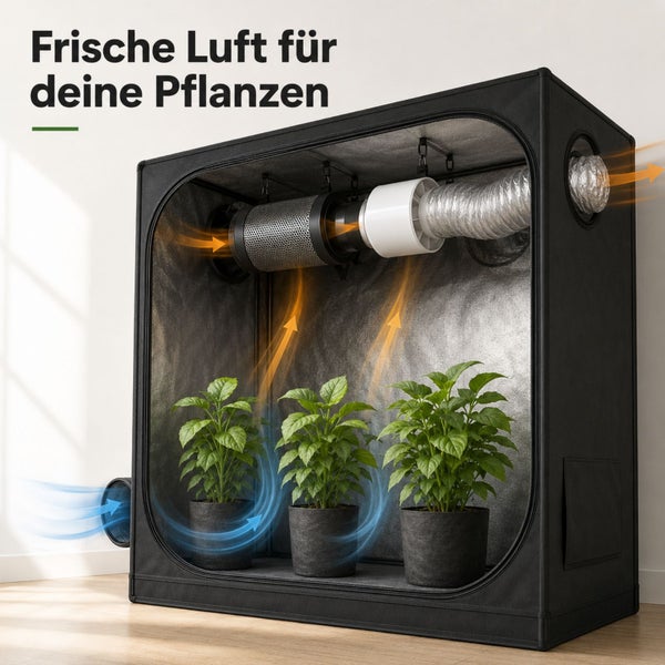 Growbox mit Belüftungssystem aus Aktivkohlefilter, Ventilator und Schlauch zur Darstellung der Luftzirkulation für Pflanzen.