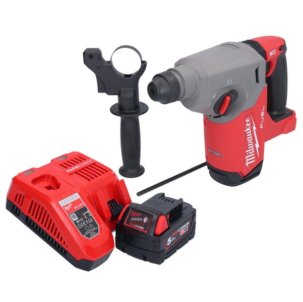 Milwaukee Akku-Bohrhammer-Set mit einem Akku, Ladegerät, Zusatzhandgriff und Tiefenanschlag.