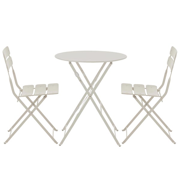 3-teiliges Bistro-Set mit einem runden Klapptisch und zwei Klappstühlen aus Metall.