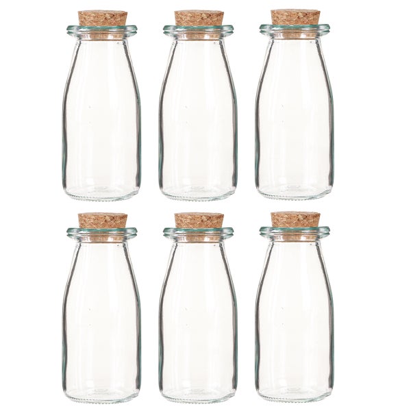 Sechs kleine Glasflaschen aus Klarglas mit Korkverschluss im Set für Dekoration oder Aufbewahrung.
