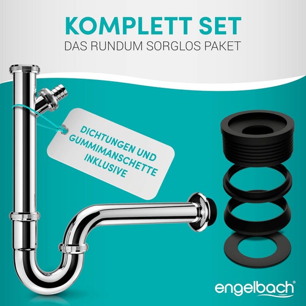 Engelbach® Siphon für Waschbecken - Extra Lang 200mm mit Geräteanschluss -  1 1/4 inkl. Gummimanschette mit Montage-Video - Schwarz