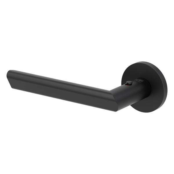 Griffwerk Türdrücker in Schwarz mit runder Rosette und integrierter Smart2Lock Verriegelung am Griffhals.