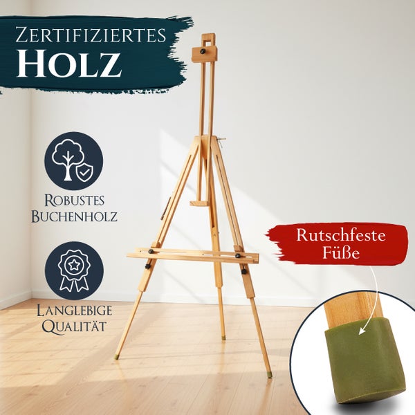 Staffelei aus Buchenholz mit rutschfesten Füßen und Zertifizierung für nachhaltiges Holz