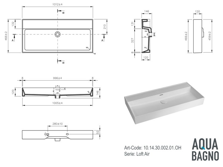 Technische Zeichnung und dreidimensionale Ansicht eines rechteckigen Aqua Bagno Waschbeckens der Serie Loft Air mit Maßangaben in Millimetern.