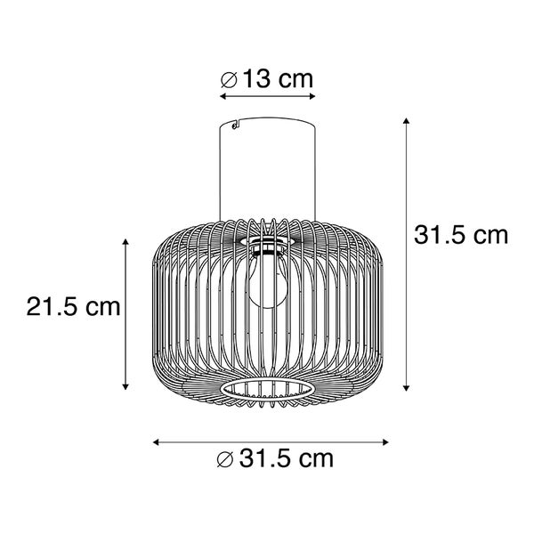 Skizze einer Pendelleuchte mit Abmessungen: Höhe 31,5 cm, Durchmesser Lampenschirm 31,5 cm, Höhe Lampenschirm 21,5 cm, Durchmesser Deckenbefestigung 13 cm.