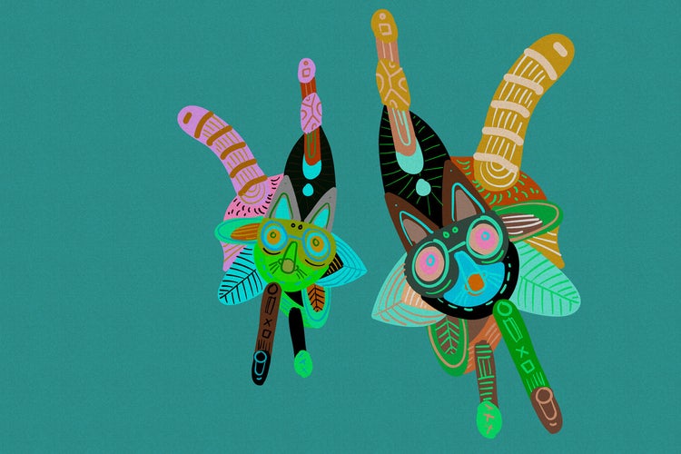Illustration von zwei Katzen mit Brillen und Mustern