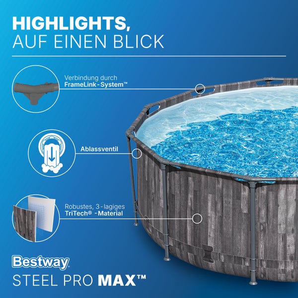 Bestway Steel Pro MAX Pool in Holzoptik mit Details zum FrameLink-System, Ablassventil und 3-lagigem TriTech-Material. Bestway Logo.