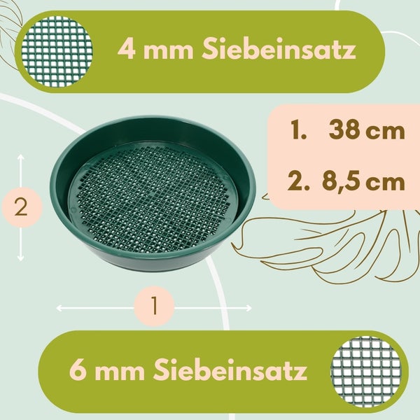 Gartensieb Erde Erdsieb für Garten rund mit 2 Siebeinsätzen fein Rüttelsieb Sandsieb Sieb Garten 4 und 6 mm Ø 38 cm