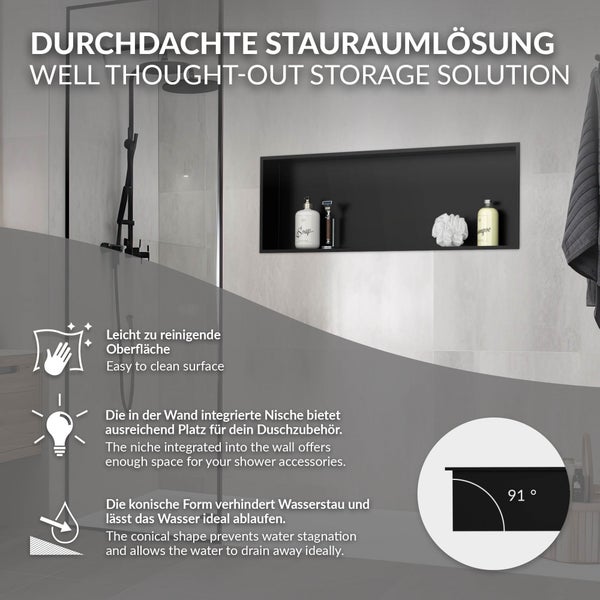 Schwarze Wandnische in Dusche. Merkmale: leicht zu reinigende Oberfläche, viel Stauraum und Gefälle von 91 Grad für den Wasserablauf.
