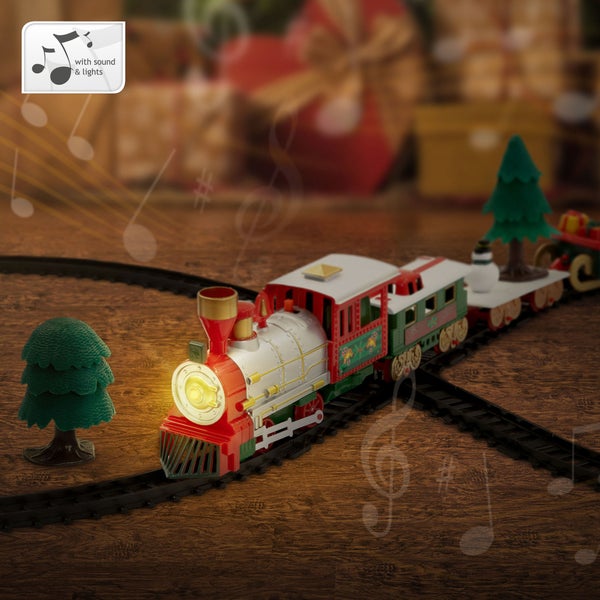 ECD Germany Weihnachtszug Set 22 Teile Batteriebetrieben mit Lokomotive, 3 Waggons, Schienen, Licht, Sound, Eisenbahn für Weihnachtsbaum, Weihnachtsbahngleise unter dem Baum, Spielzeug Kinder Geschenk