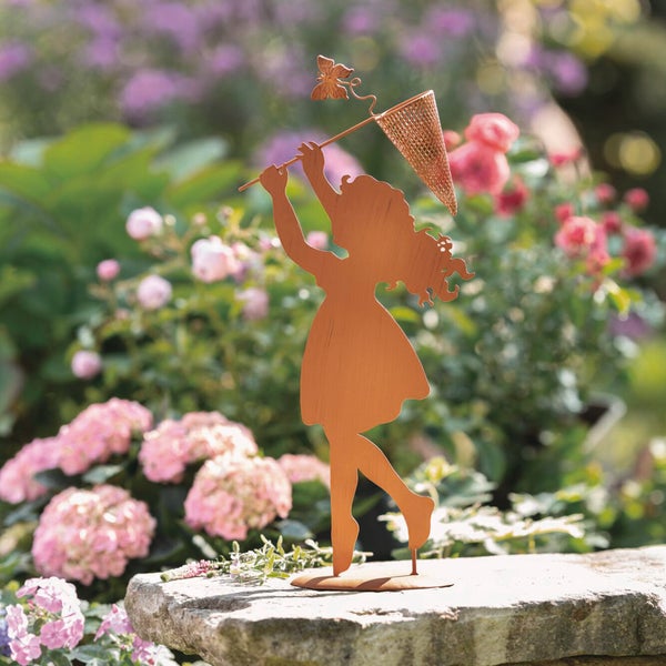 FRANK FLECHTWAREN|Figur Mädchen mit Netz, 22 x 11,5 x 51 cm, METALL