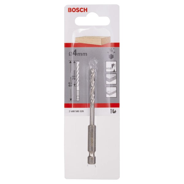 Bosch Logo. 4 Millimeter Metallbohrer in Verpackung.