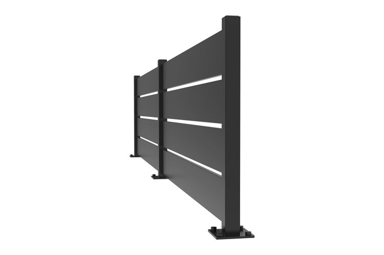 Moderner Sichtschutzzaun aus anthrazitfarbenem Aluminium mit horizontalen Lamellen und quadratischen Pfosten.
