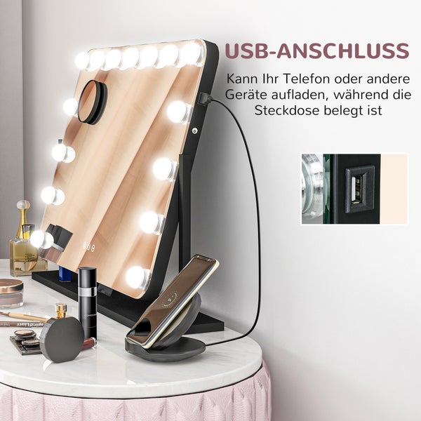 HOMCOM Hollywood Spiegel mit Beleuchtung, Schminkspiegel mit 14 LED Licht, 3 Lichtfarben, Kosmetikspiegel mit 10X Vergrößerung, USB-Ladeanschluss, Handyhalterung und Touchschalter, 360° Drehbar
