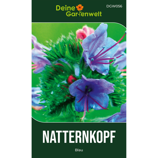 Samentüte für blauen Natternkopf mit Nahaufnahme der Blüten, Deine Gartenwelt Logo.