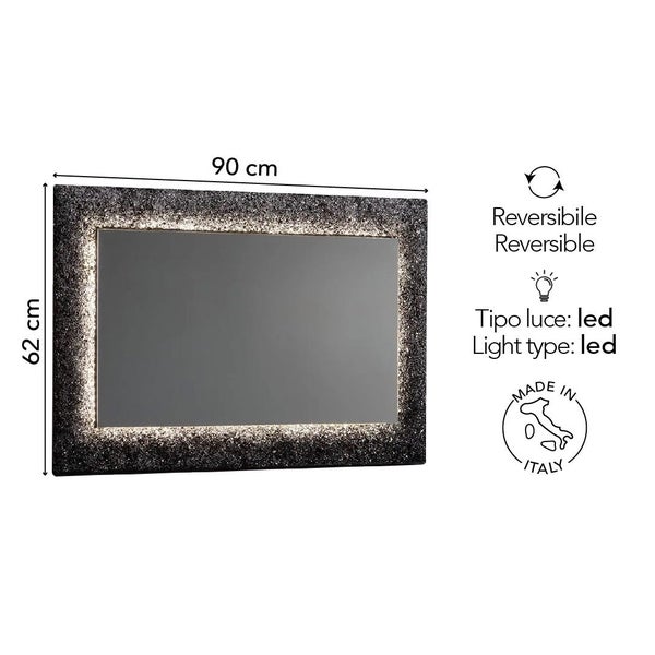 Rechteckiger LED-Badezimmerspiegel mit strukturiertem Rahmen, 90 mal 62 Zentimeter, reversibel montierbar, hergestellt in Italien.