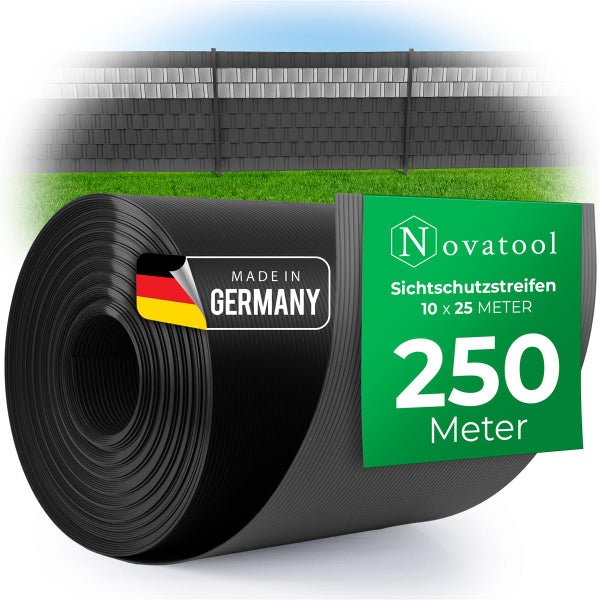 Novatool PREMIUM PP 250m Rollen Sichtschutzstreifen für Doppelstabmattenzaun ANTHRAZIT GRAU für 10 Reihen Stabmattenzaun Sichtschutzstreifen langlebig & witterungsbeständig Zaunelemente Sichtschutz