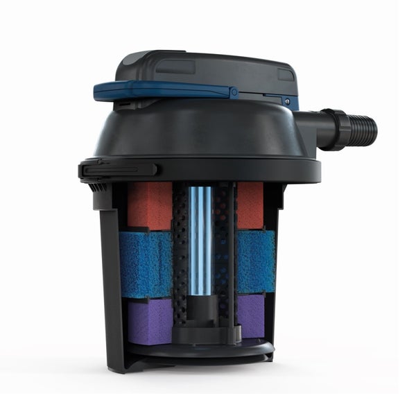 Querschnitt eines Teichdruckfilters aus schwarzem Kunststoff mit farbigen Filterschwämmen und integriertem Ultraviolett C Klärer.
