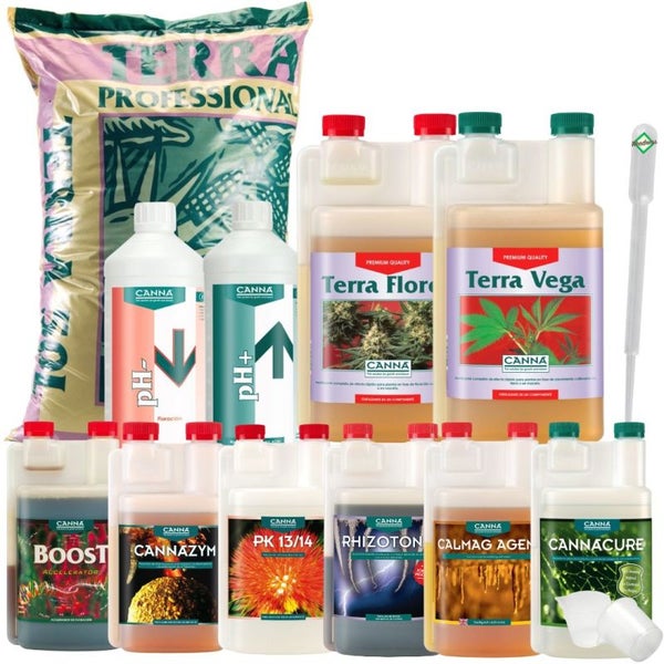 Canna Terra Profi Erde-Set Big XL – Komplettset mit 50L nährstoffreicher Blumenerde + Terra Vega & Flores je 1L + Boost, PK 13/14, Cannazym, Rhizotonic je 250ml + Calmag, Cure je 1L + pH-Regulatoren, Pipette & Messbecher