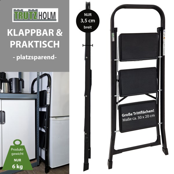 Trutzholm Klapptritt Leiter, 3 Stufen, platzsparend klappbar, mit rutschfesten Trittflächen, 6 Kilogramm Gewicht, Trutzholm Logo.