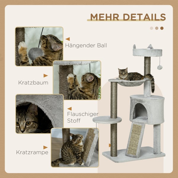 PawHut Kratzbaum Katzenkratzbaum mit Sisalsäule Katzenhöhle 113 cm Katzenbaum mit Rampe Spielbaum mit Katzenspielzeug Hängematte Hellgrau