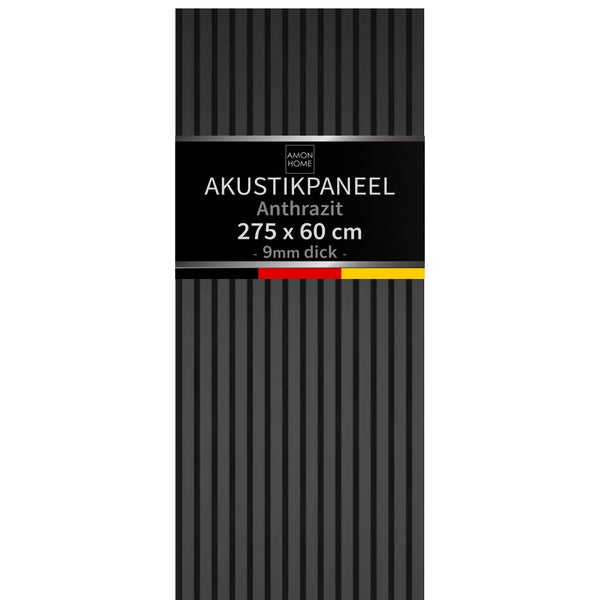 Amon Home Akustikpaneel in Lamellenoptik mit den Maßen 275 mal 60 Zentimeter und einer Stärke von 9 Millimeter zur Wandverkleidung.