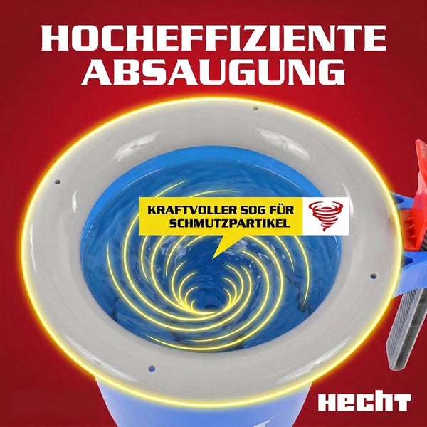 Hoch effiziente Absaugung mit starkem Sog für Schmutzpartikel und Hecht Logo.