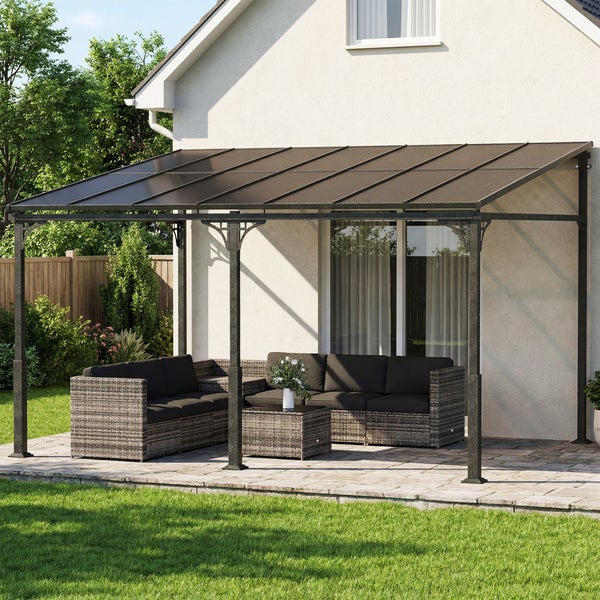 Terrassenüberdachung aus Metall und Kunststoff, Breite 400 Zentimeter, Tiefe 300 Zentimeter, Höhe vorne 204 Zentimeter, Höhe hinten 260 Zentimeter.