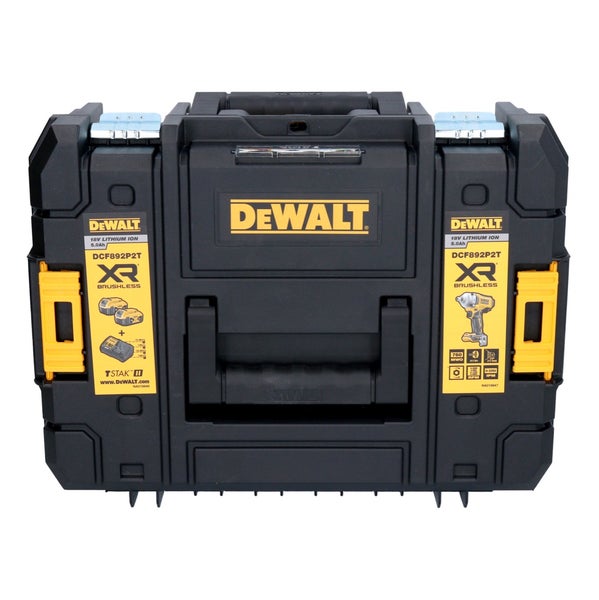 DeWALT TSTAK II Werkzeugkoffer aus robustem Kunststoff mit DeWALT Logo, gelben Verschlüssen und Tragegriff für 18 Volt XR Elektrowerkzeuge.