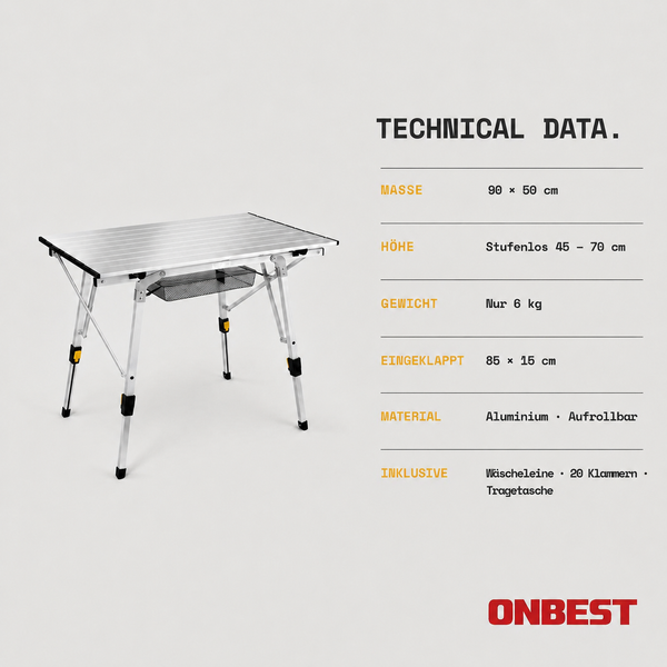 Rollbarer Aluminium-Campingtisch mit Ablagenetz und technischen Daten: Maße 90 mal 50 Zentimeter, Höhe 45 bis 70 Zentimeter. ONBEST Logo.