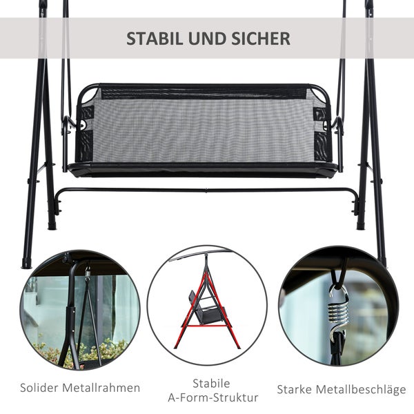 Outsunny Hollywoodschaukel, 2-Sitzer Outdoor Gartenschaukel, winkeleinstellbar, UV-beständig, Metallrohr, Schwarz