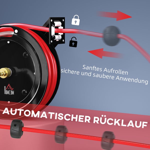 HOMCOM automatische Schlauchtrommel mit rotem Schlauch, automatischem Rücklauf und Verriegelungssymbolen.