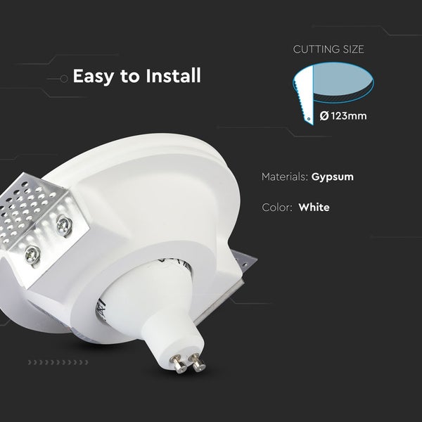 Weiße Einbauleuchte aus Gips mit GU10 Leuchtmittel, Lochausschnitt einhundertdreiundzwanzig Millimeter Durchmesser, einfache Montage.