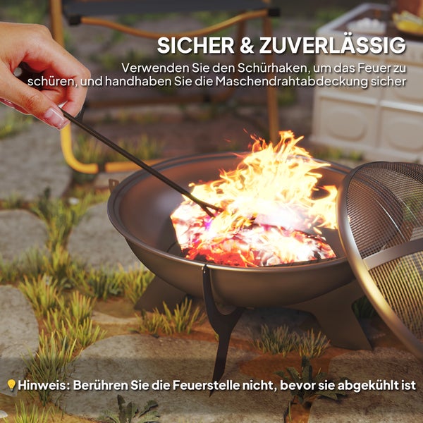 Outsunny Feuerschale Ø54x39cm aus Metall Rund Feuerstelle mit Funkenschutz Schürhaken Tragbare Feuerschalen Feuerkorb für Garten, Balkon Terrasse, Outdoor Camping Schwarz
